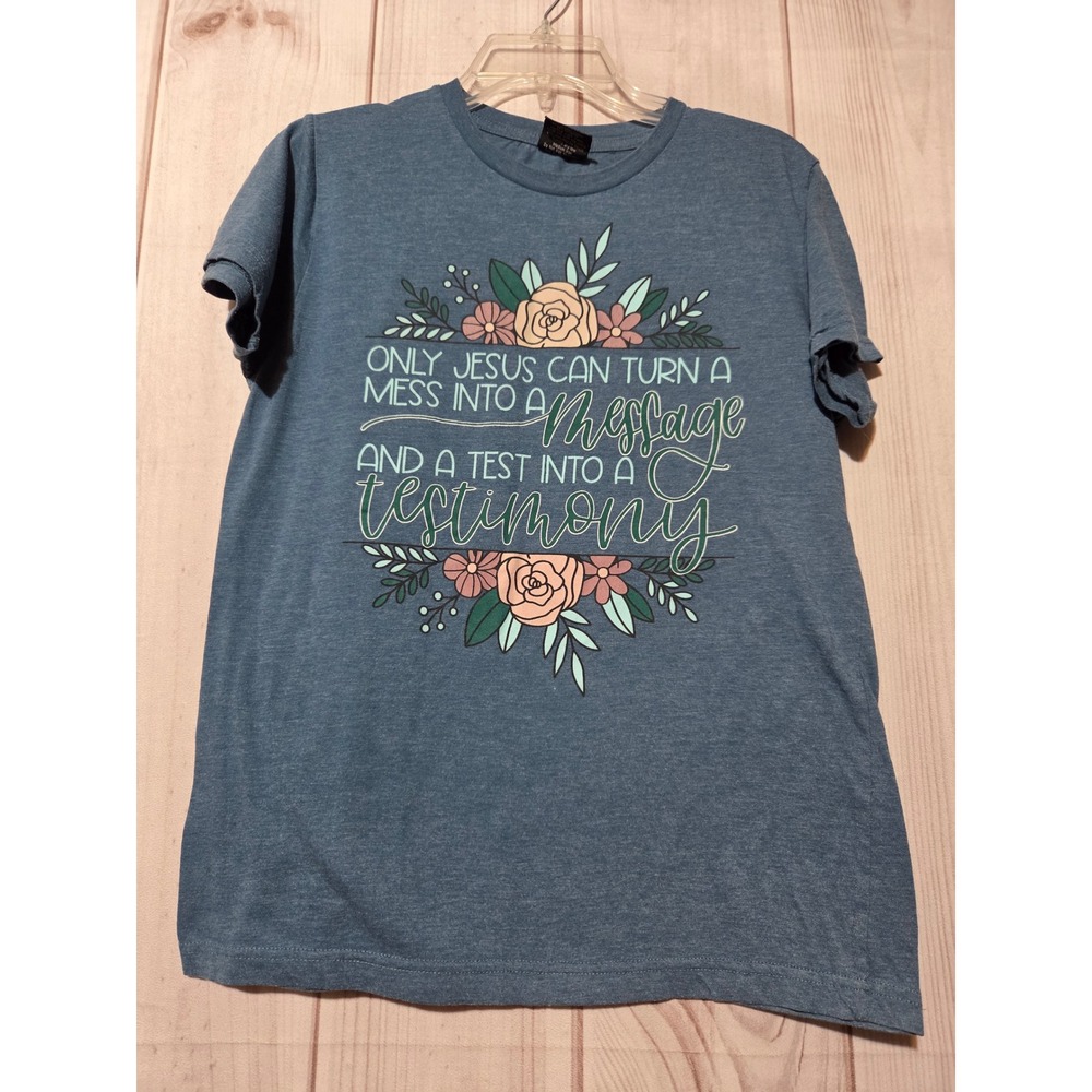 Love in Faith Women Blue Heathered Jesus Message Testimony Graphic T-Shirt Small
